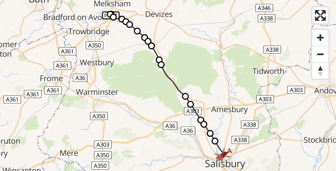 Flight route Air Ambulance Helicopter Wiltshire Air Ambulance - Stratford-sub-Castle, 29 July 2026, 09:14