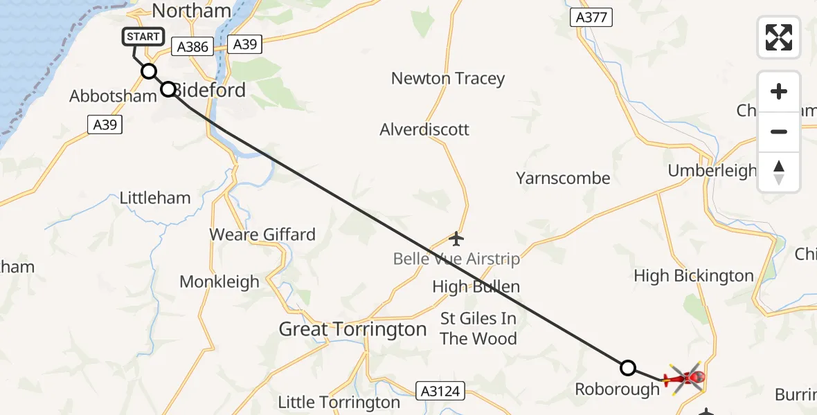 Flight route Air Ambulance Helicopter Westward Ho! - Roborough, 29 July 2026, 09:17