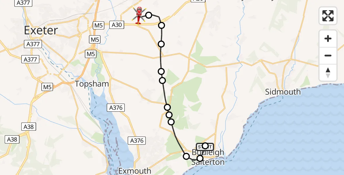 Flight route Air Ambulance Helicopter Budleigh Salterton - Exeter International Airport, 29 July 2026, 09:20