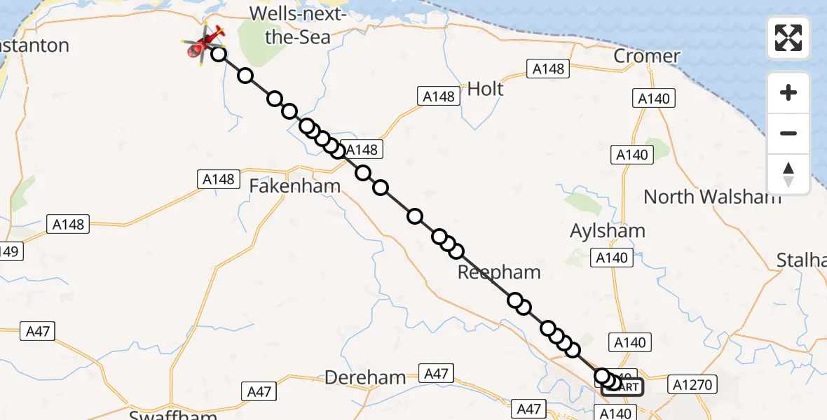 Flight route Air Ambulance Helicopter Norwich Airport - Burnham Market, 29 July 2026, 09:26