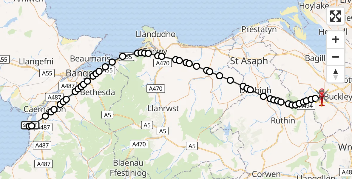 Flight route Air Ambulance Helicopter Caernarfon Airport - Mold, 29 July 2026, 09:47