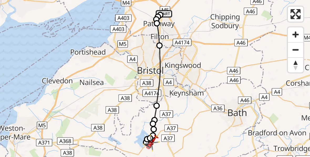 Flight route Air Ambulance Helicopter Almondsbury Helicopter Base - Bristol, 29 July 2026, 09:52