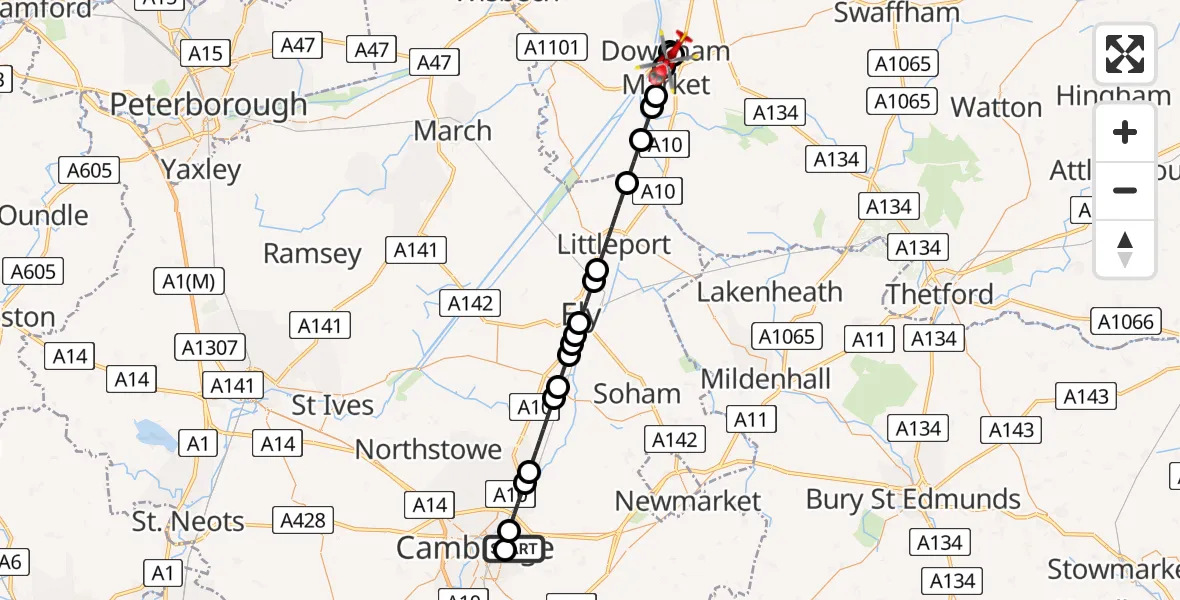 Flight route Air Ambulance Helicopter Cambridge City Airport - Downham Market, 29 July 2026, 09:54