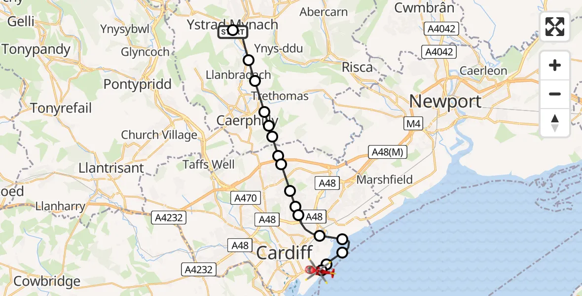 Flight route Air Ambulance Helicopter Ystrad Mynach - Cardiff Heliport, 29 July 2026, 09:55