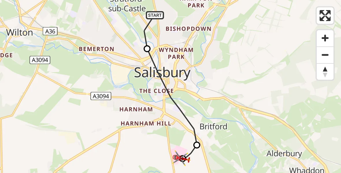 Flight route Air Ambulance Helicopter Stratford-sub-Castle - Salisbury District Hospital, 29 July 2026, 10:09