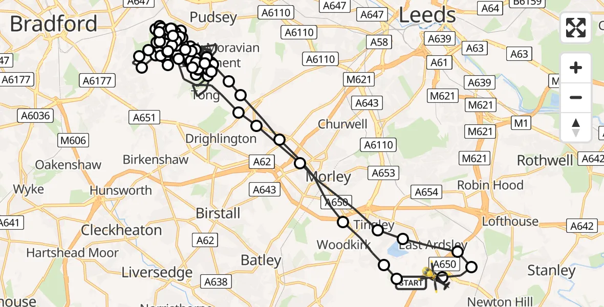 Flight route Police Helicopter East Ardsley - East Ardsley, 29 July 2026, 10:12