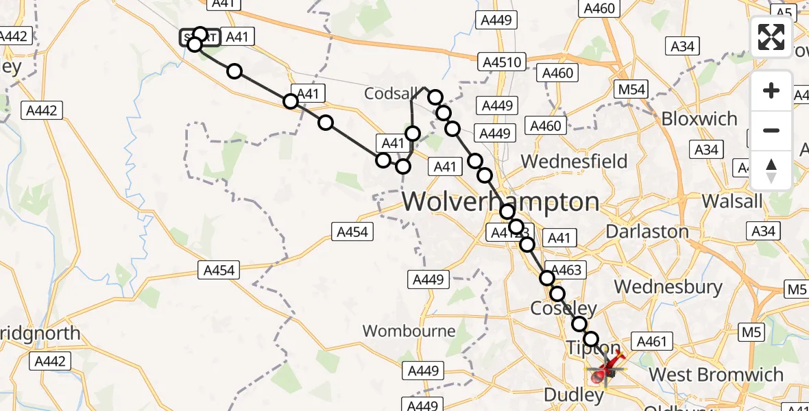 Flight route Air Ambulance Helicopter RAF Cosford - Tipton, 29 July 2026, 10:27