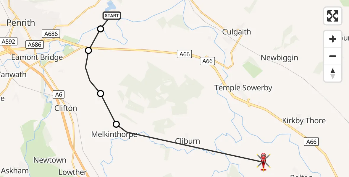 Flight route Air Ambulance Helicopter Penrith - Bolton, 29 July 2026, 10:28