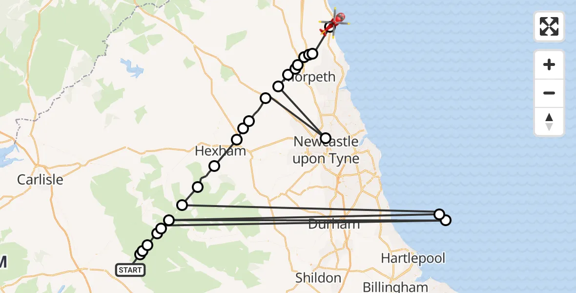 Flight route Air Ambulance Helicopter Milburn - Red Row, 29 July 2026, 10:33