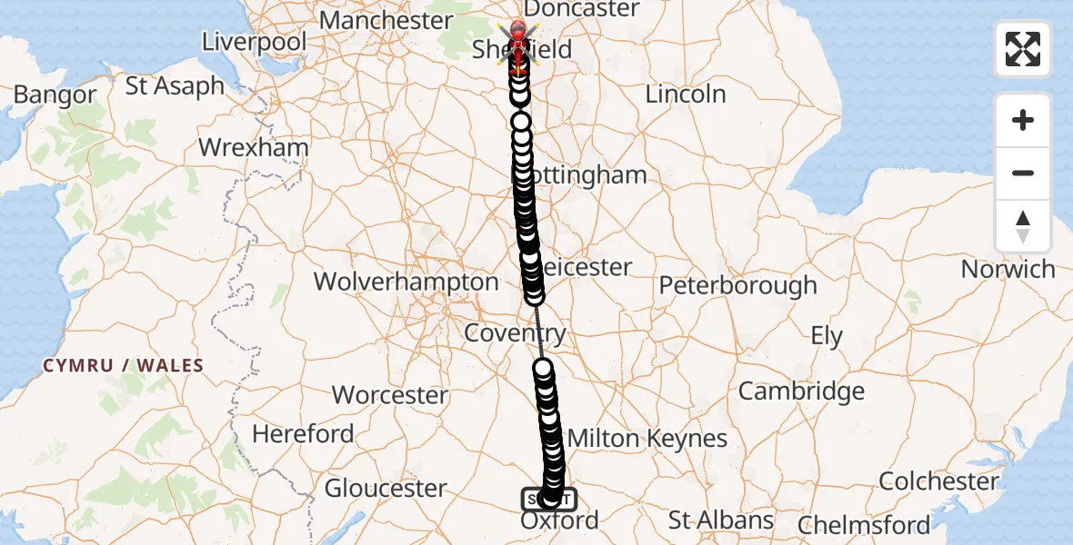 Flight route Air Ambulance Helicopter London Oxford Airport - Sheffield Childrens Hospital, 29 July 2026, 10:34