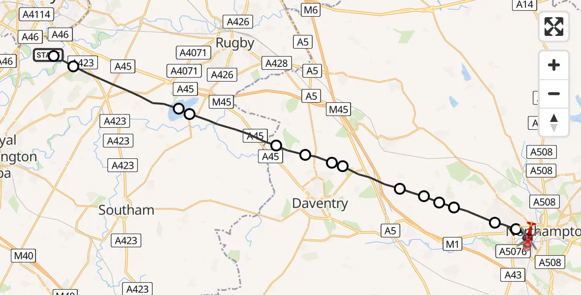 Flight route Air Ambulance Helicopter Coventry Airport - Northampton, 29 July 2026, 10:39