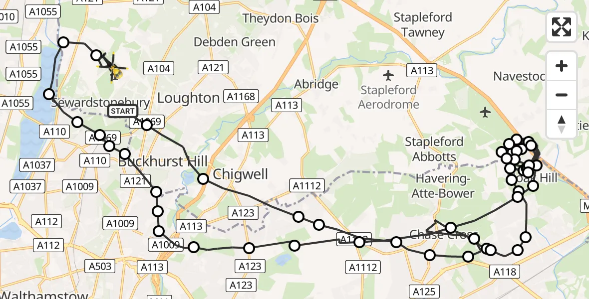 Flight route Police Helicopter Waltham Abbey - Sewardstonebury, 29 July 2026, 10:40