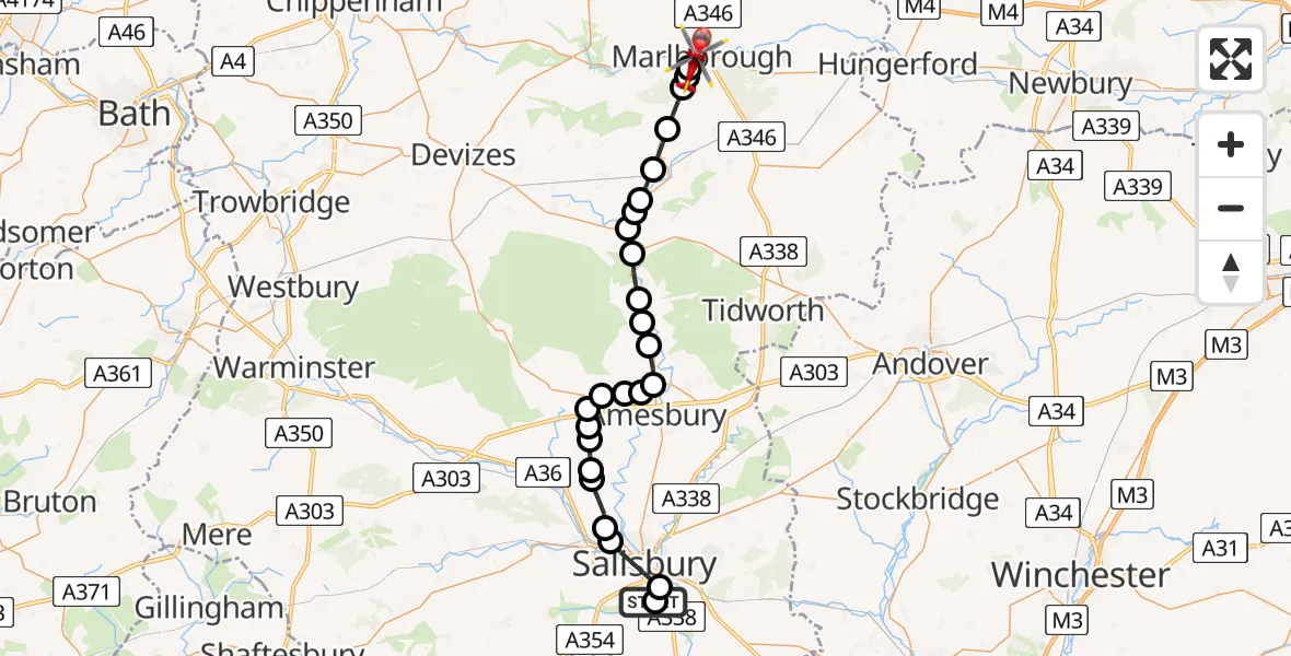 Flight route Air Ambulance Helicopter Salisbury District Hospital - Marlborough, 29 July 2026, 10:54