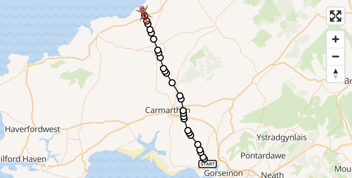 Flight route Air Ambulance Helicopter Dafen - Plwmp, 29 July 2026, 10:57