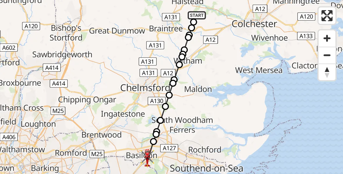 Flight route Air Ambulance Helicopter Braintree - Basildon, 29 July 2026, 10:58
