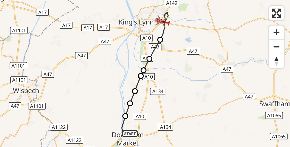 Flight route Air Ambulance Helicopter Downham Market - King's Lynn and West Norfolk, 29 July 2026, 11:01