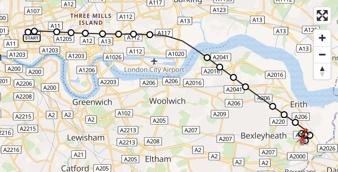 Flight route Air Ambulance Helicopter Royal London Hospital - Dartford, 29 July 2026, 11:04