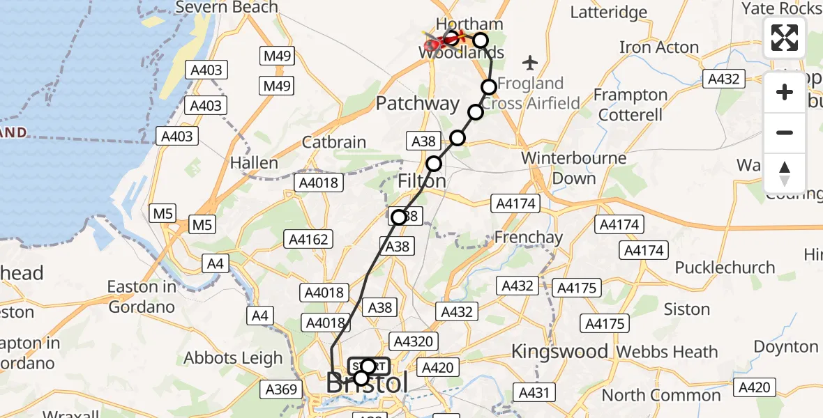 Flight route Air Ambulance Helicopter Bristol Royal Infirmary - Almondsbury Helicopter Base, 29 July 2026, 11:11