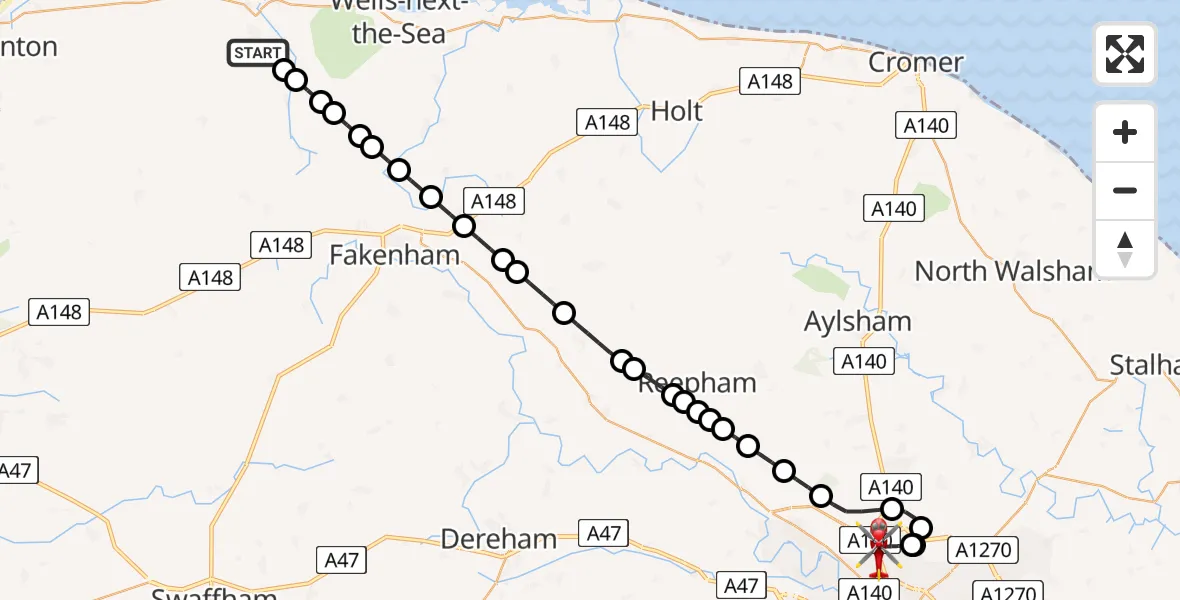 Flight route Air Ambulance Helicopter Burnham Market - Norwich Airport, 29 July 2026, 11:14