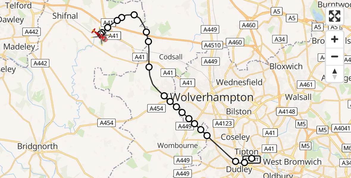 Flight route Air Ambulance Helicopter Tipton - Cosford, 29 July 2026, 11:17