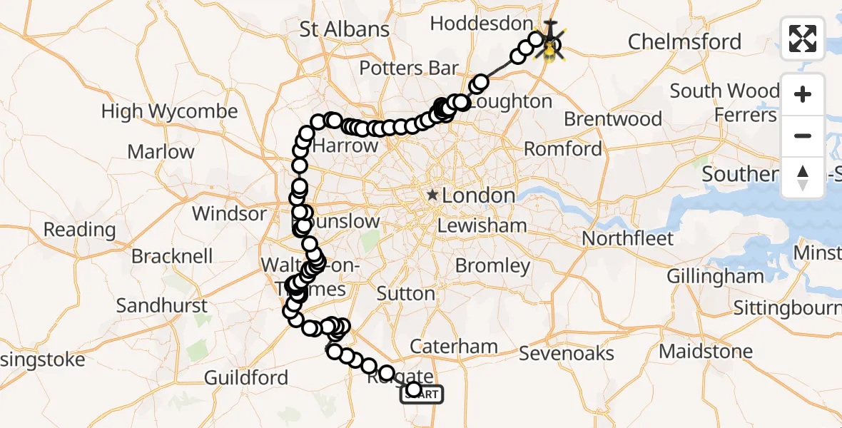 Flight route Police Helicopter Salfords - North Weald Bassett, 29 July 2026, 11:19