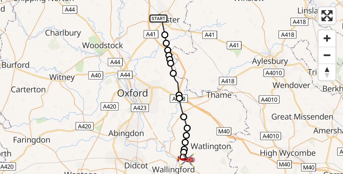 Flight route Air Ambulance Helicopter Bicester - RAF Benson, 29 July 2026, 11:32