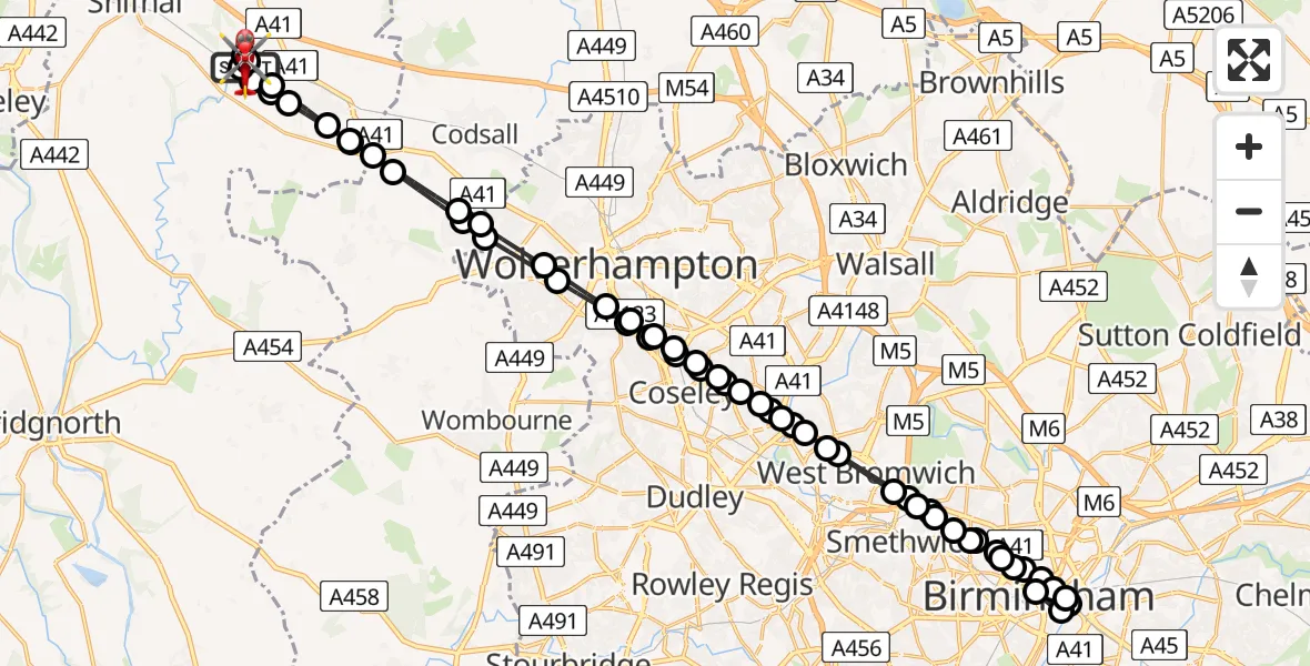 Flight route Air Ambulance Helicopter RAF Cosford - Cosford, 29 July 2026, 11:35