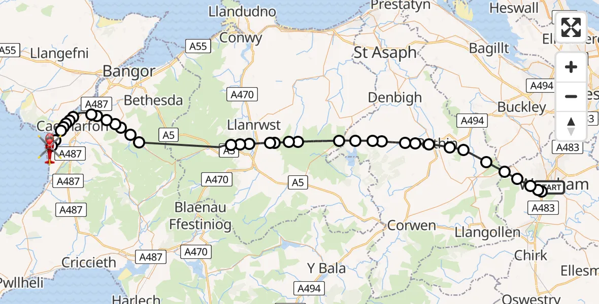 Flight route Air Ambulance Helicopter Felin Puleston - Caernarfon Airport, 29 July 2026, 11:38