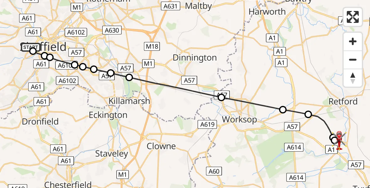 Flight route Air Ambulance Helicopter Sheffield Childrens Hospital - Retford Gamston Airport, 29 July 2026, 11:39