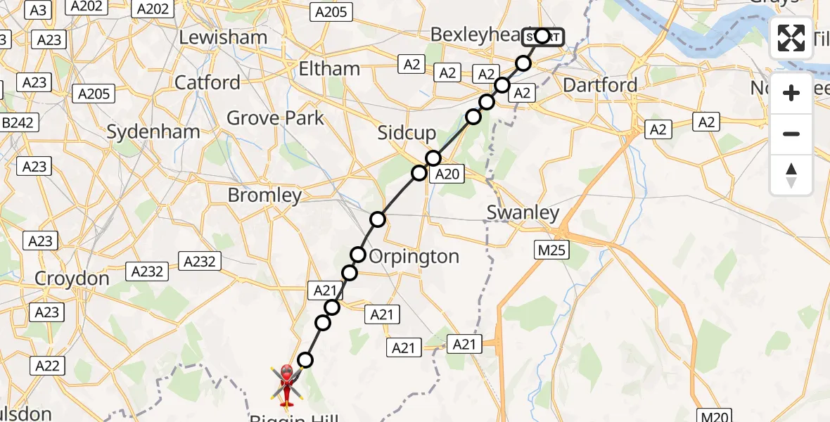 Flight route Air Ambulance Helicopter North End - London Biggin Hill Airport, 29 July 2026, 11:42