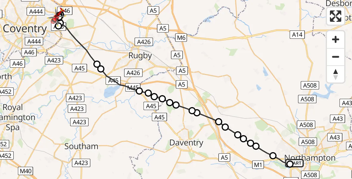 Flight route Air Ambulance Helicopter Northampton - Walsgrave, 29 July 2026, 11:42