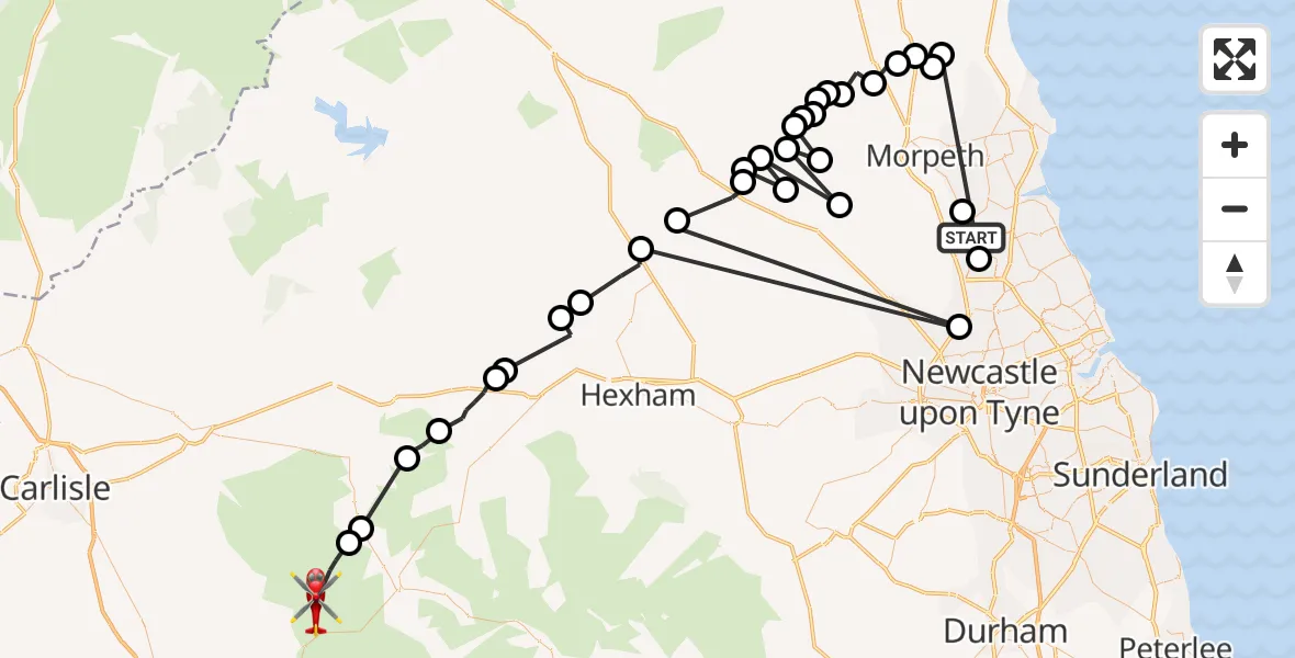 Flight route Air Ambulance Helicopter Cramlington - Kirkoswald, 29 July 2026, 11:51