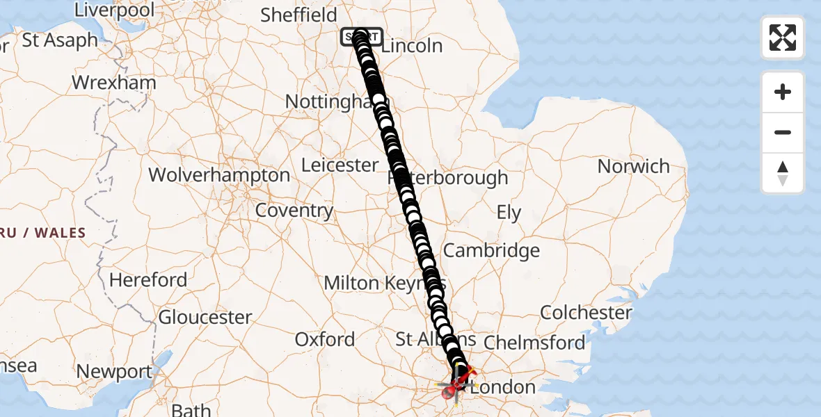 Flight route Air Ambulance Helicopter Retford Gamston Airport - City of Westminster, 29 July 2026, 11:57