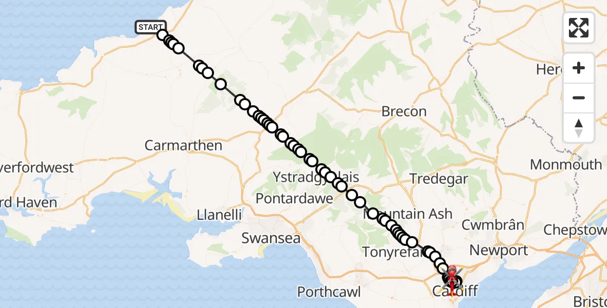 Flight route Air Ambulance Helicopter Llangrannog - Gabalfa, 29 July 2026, 11:59
