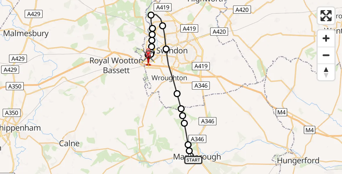 Flight route Air Ambulance Helicopter Marlborough - West Swindon, 29 July 2026, 11:59