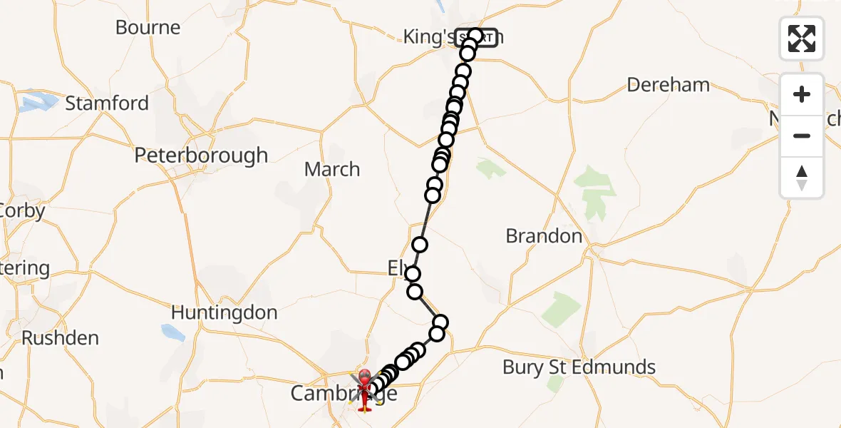 Flight route Air Ambulance Helicopter Queen Elizabeth Hospital - Cambridge City Airport, 29 July 2026, 12:33