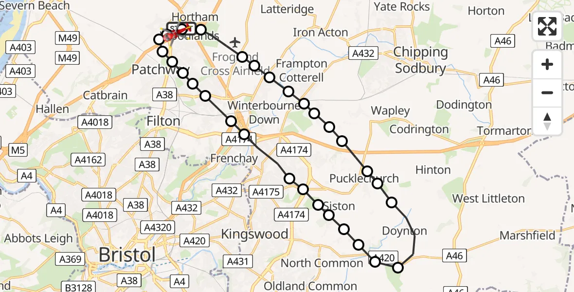 Flight route Air Ambulance Helicopter Almondsbury Helicopter Base - Almondsbury Helicopter Base, 29 July 2026, 12:36