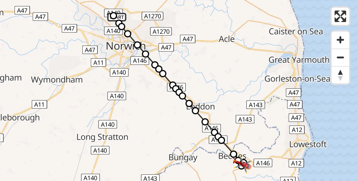 Flight route Air Ambulance Helicopter Norwich Airport - Worlingham, 29 July 2026, 12:42