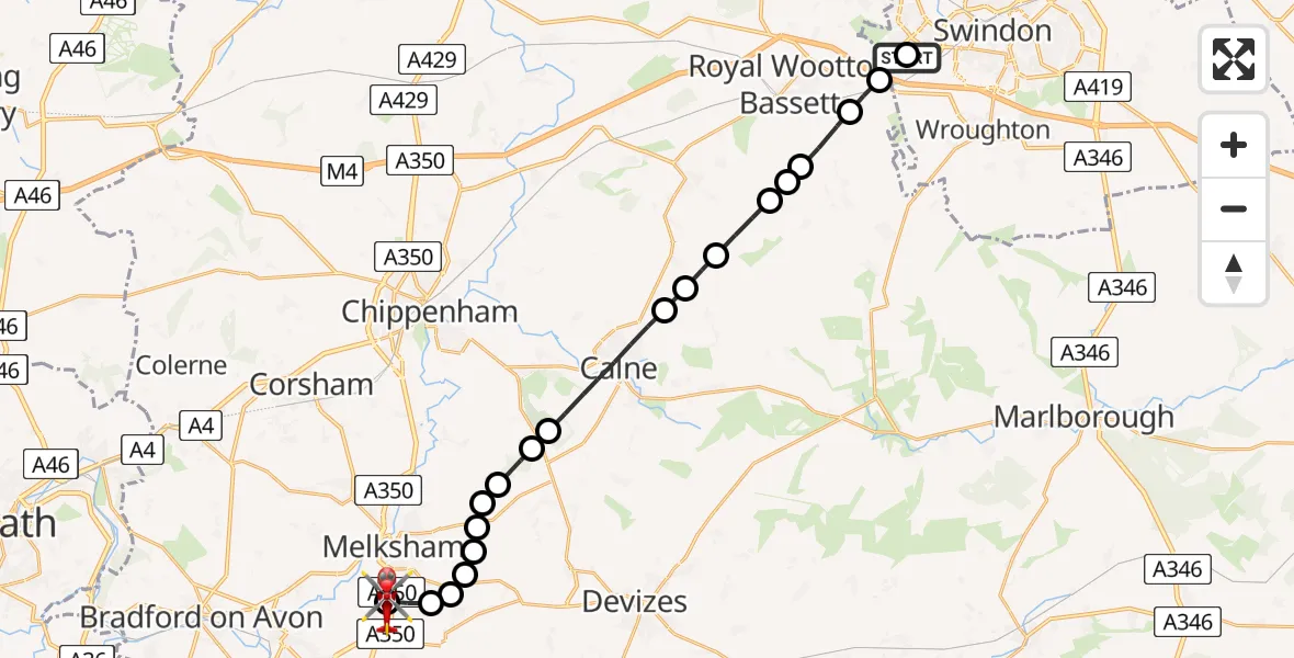Flight route Air Ambulance Helicopter Freshbrook - Wiltshire Air Ambulance, 29 July 2026, 12:48