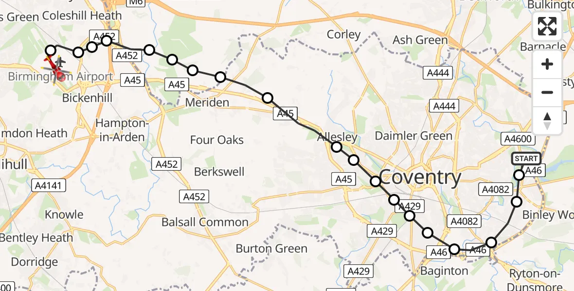Flight route Air Ambulance Helicopter Clifford Park - Birmingham Airport, 29 July 2026, 12:55