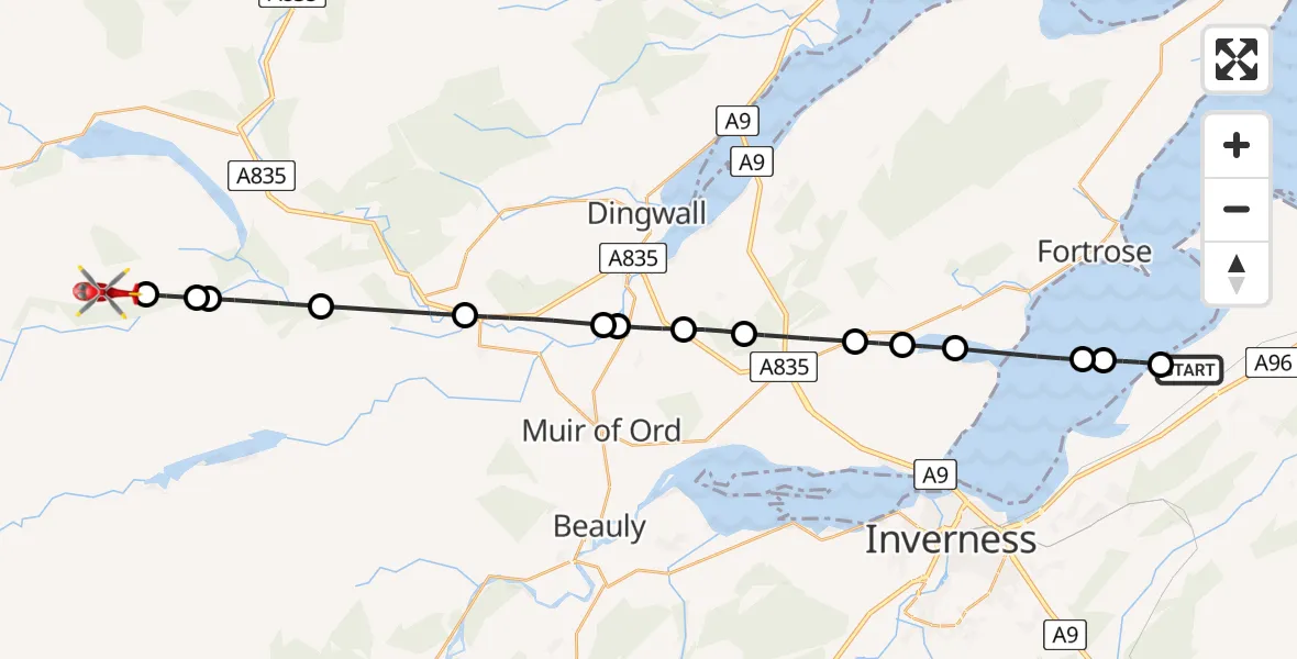 Flight route Air Ambulance Helicopter Dalcross Heliport - Highland, 29 July 2026, 13:01
