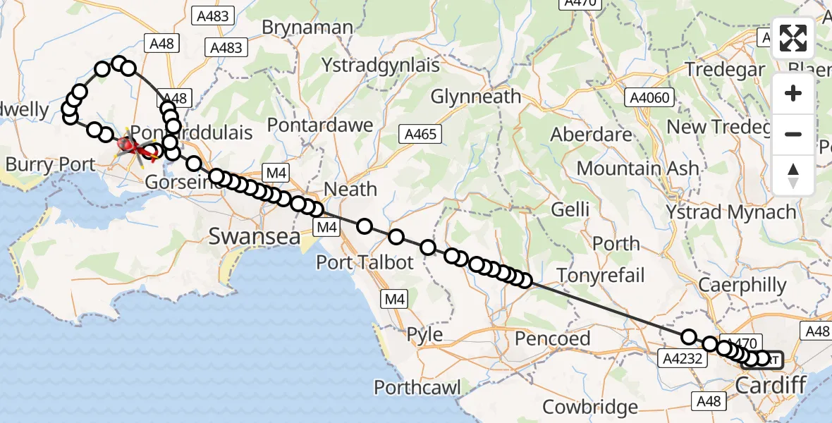 Flight route Air Ambulance Helicopter Birchgrove - Dafen, 29 July 2026, 13:25