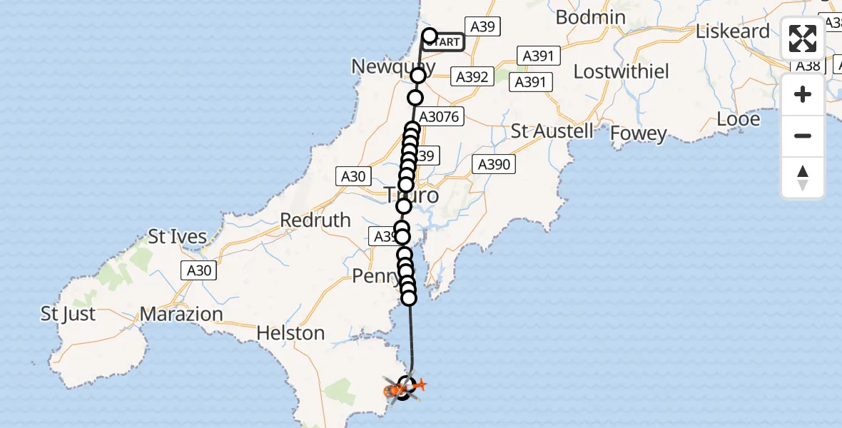 Flight route Coastguard Helicopter Cornwall Airport Newquay - English Channel, 29 July 2026, 13:29