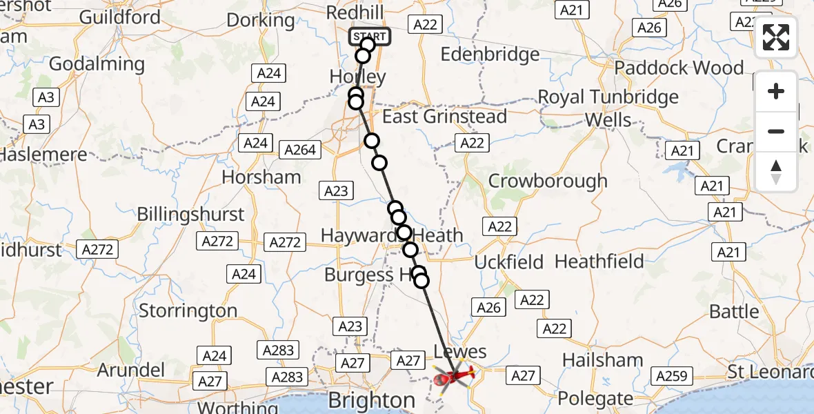 Flight route Air Ambulance Helicopter Redhill Aerodrome - Lewes, 29 July 2026, 13:36