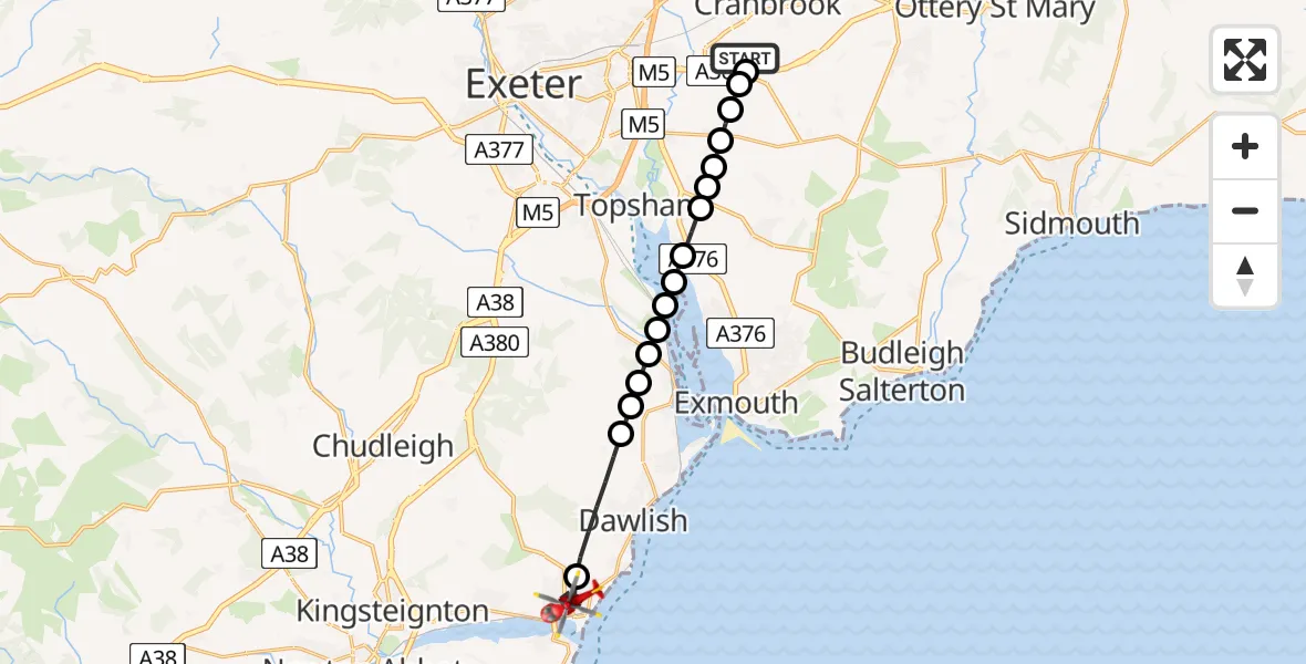 Flight route Air Ambulance Helicopter Exeter International Airport - Teignmouth, 29 July 2026, 13:48