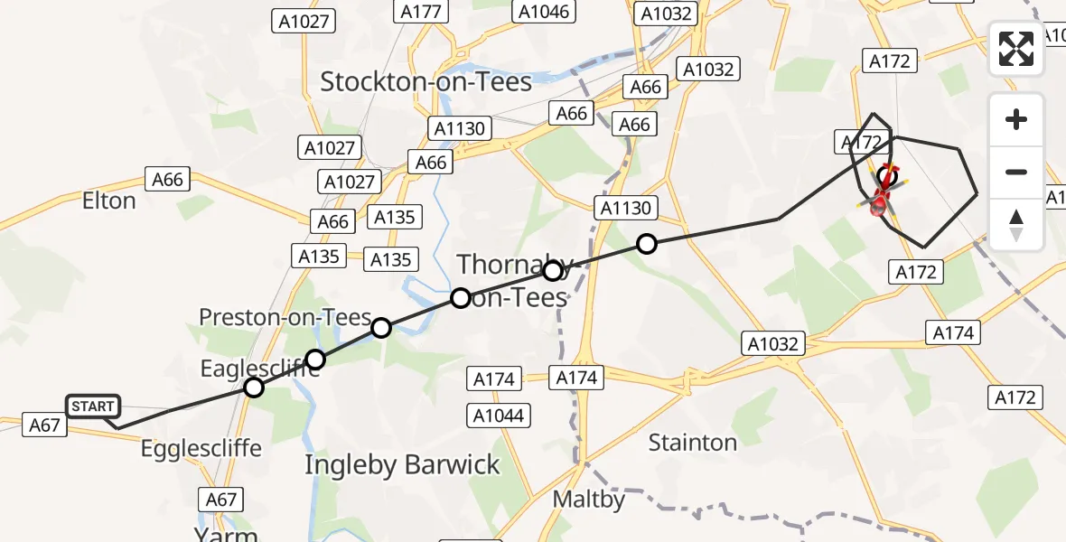Flight route Air Ambulance Helicopter Egglescliffe - James Cook University Hospital, 29 July 2026, 13:54