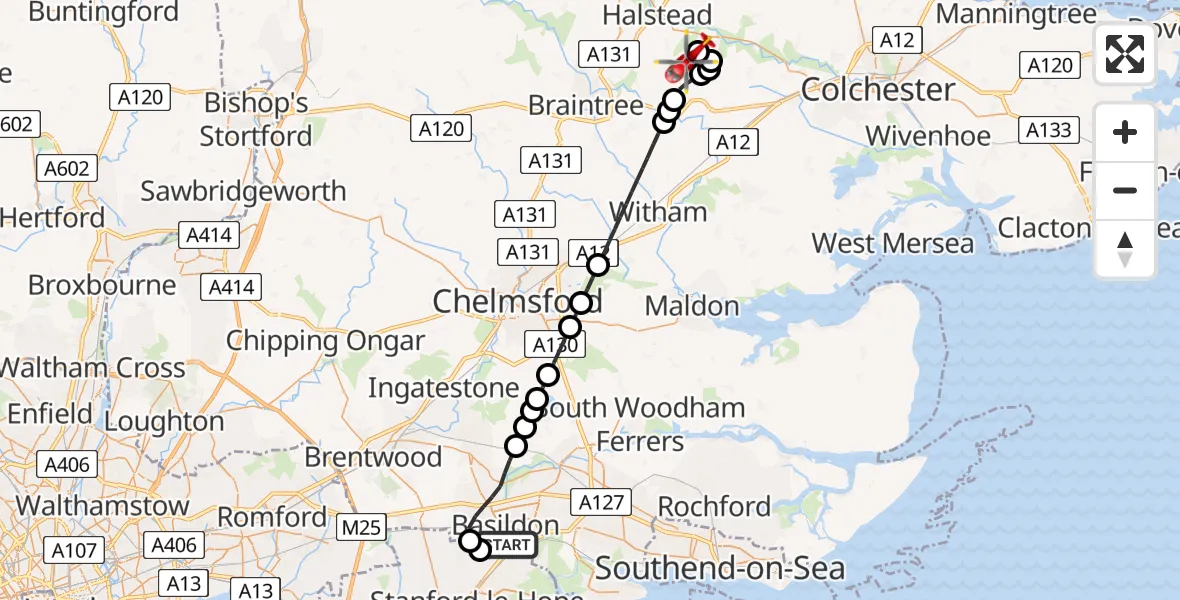 Flight route Air Ambulance Helicopter Basildon - Earls Colne Airfield, 29 July 2026, 14:00