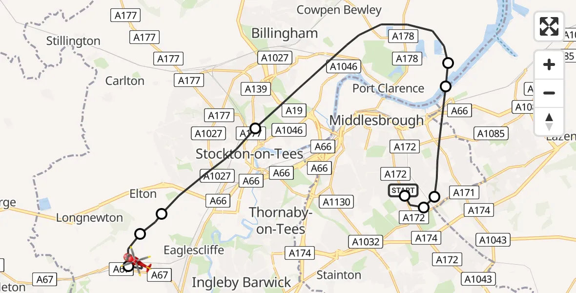 Flight route Air Ambulance Helicopter James Cook University Hospital - Egglescliffe, 29 July 2026, 14:02