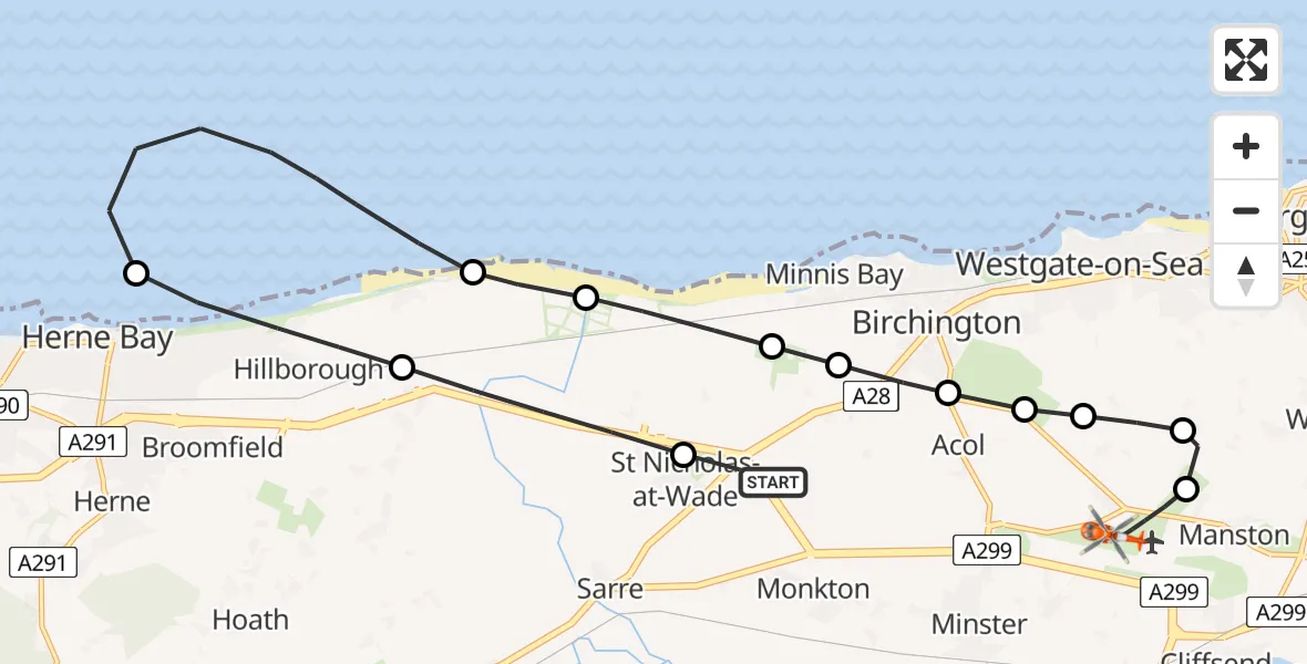 Flight route Coastguard Helicopter Birchington - Manston Airport, 29 July 2026, 14:03