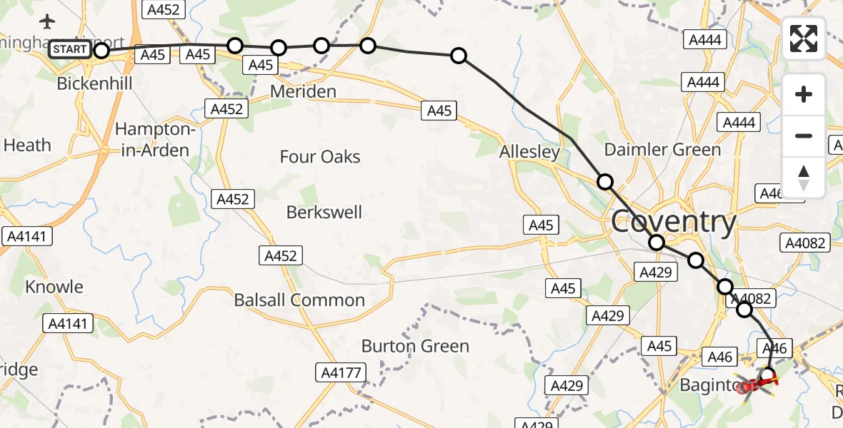 Flight route Air Ambulance Helicopter Birmingham Airport - Coventry Airport, 29 July 2026, 14:03